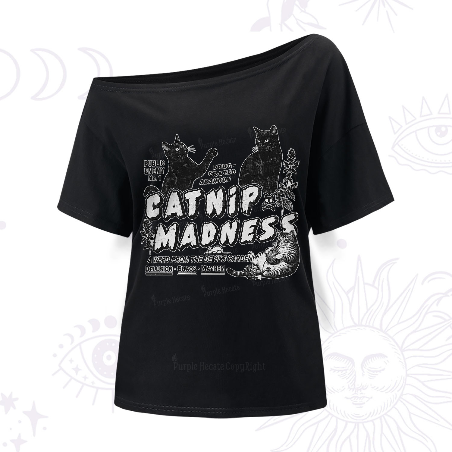 Purplehecate Catnip?Madness Cute?Cat One Shoulder T-Shir