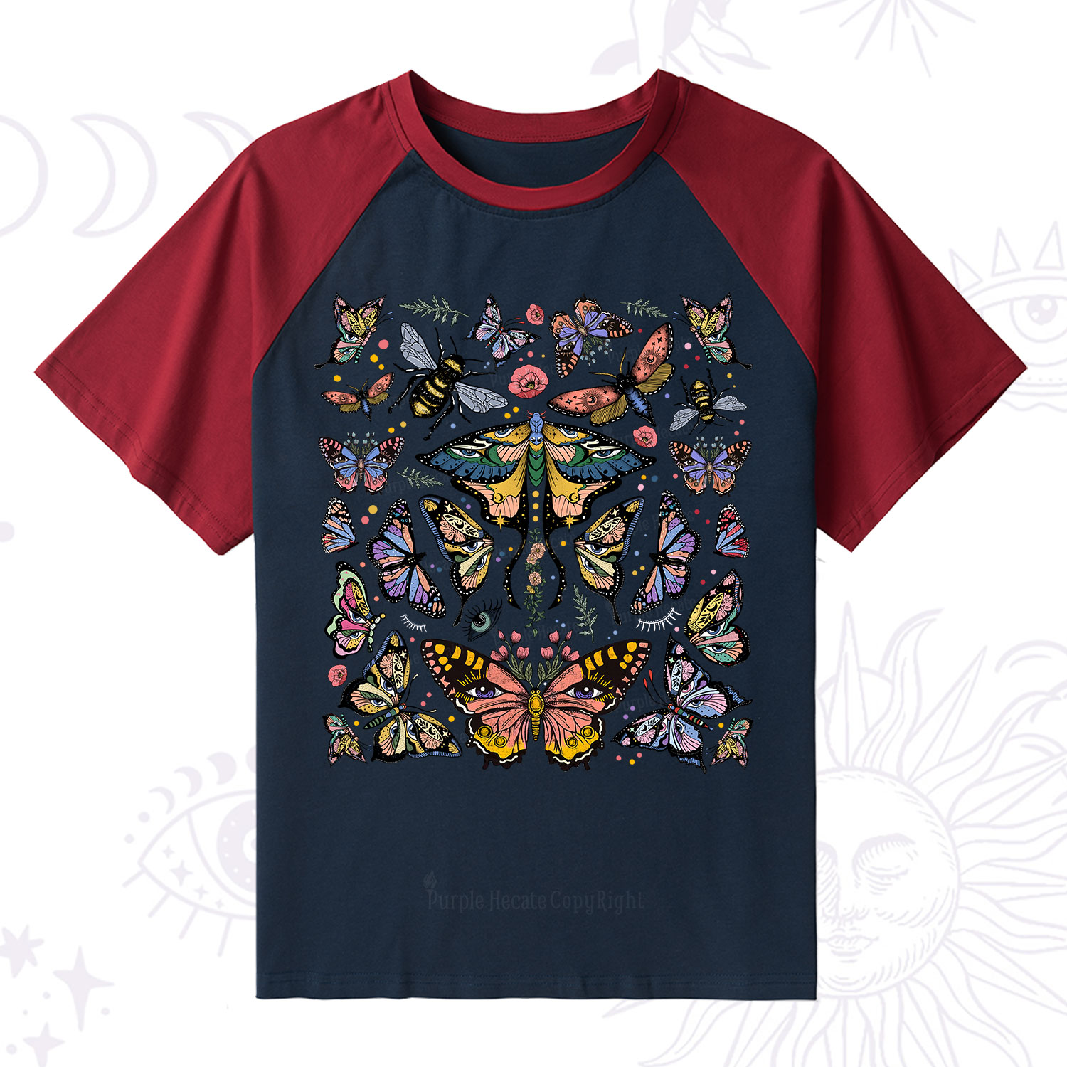 Purplehecate Mystical Butterfly & Moth Raglan Short Sleeve T‑Shirt