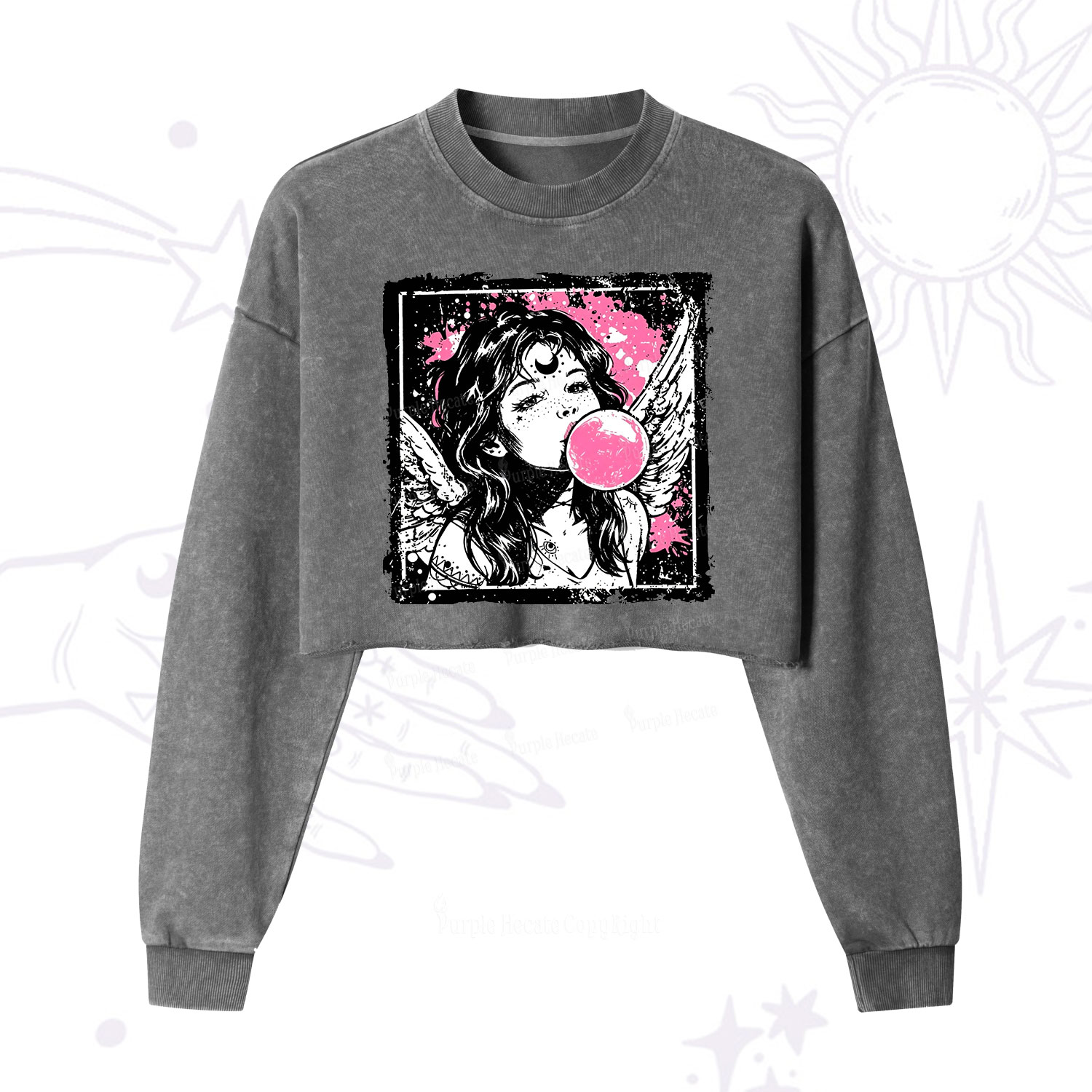 Purplehecate Grunge Angel with Bubblegum Cropped Washed Sweatshirt