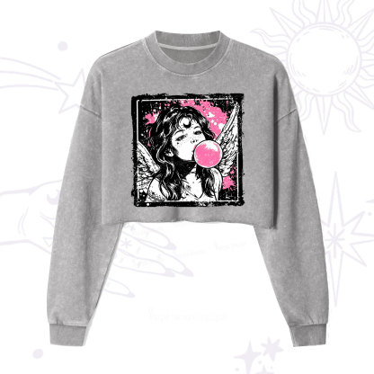 Purplehecate Grunge Angel with Bubblegum Cropped Washed Sweatshirt