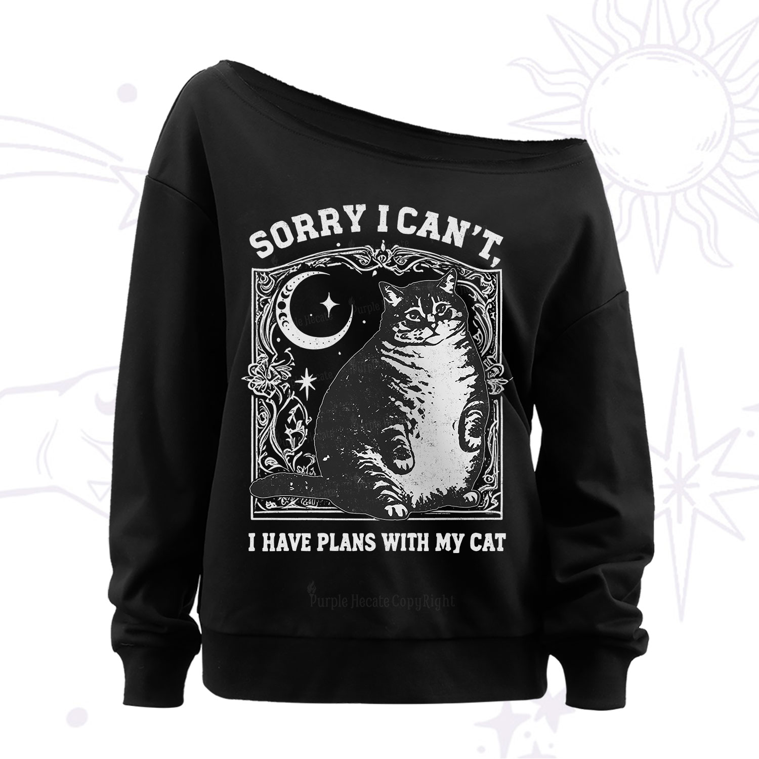 Purplehecate Sorry I Can't I Have Plans With My Cat Off The Shoulder Sweatshirt