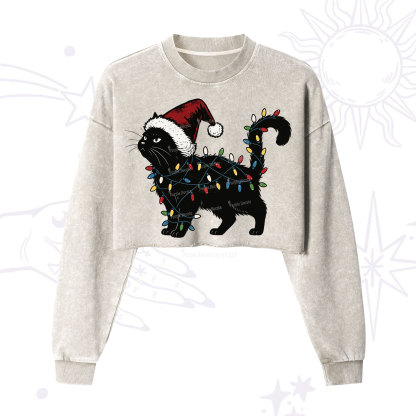 Purplehecate Cute Cat Christmas Cropped Washed Sweatshirt