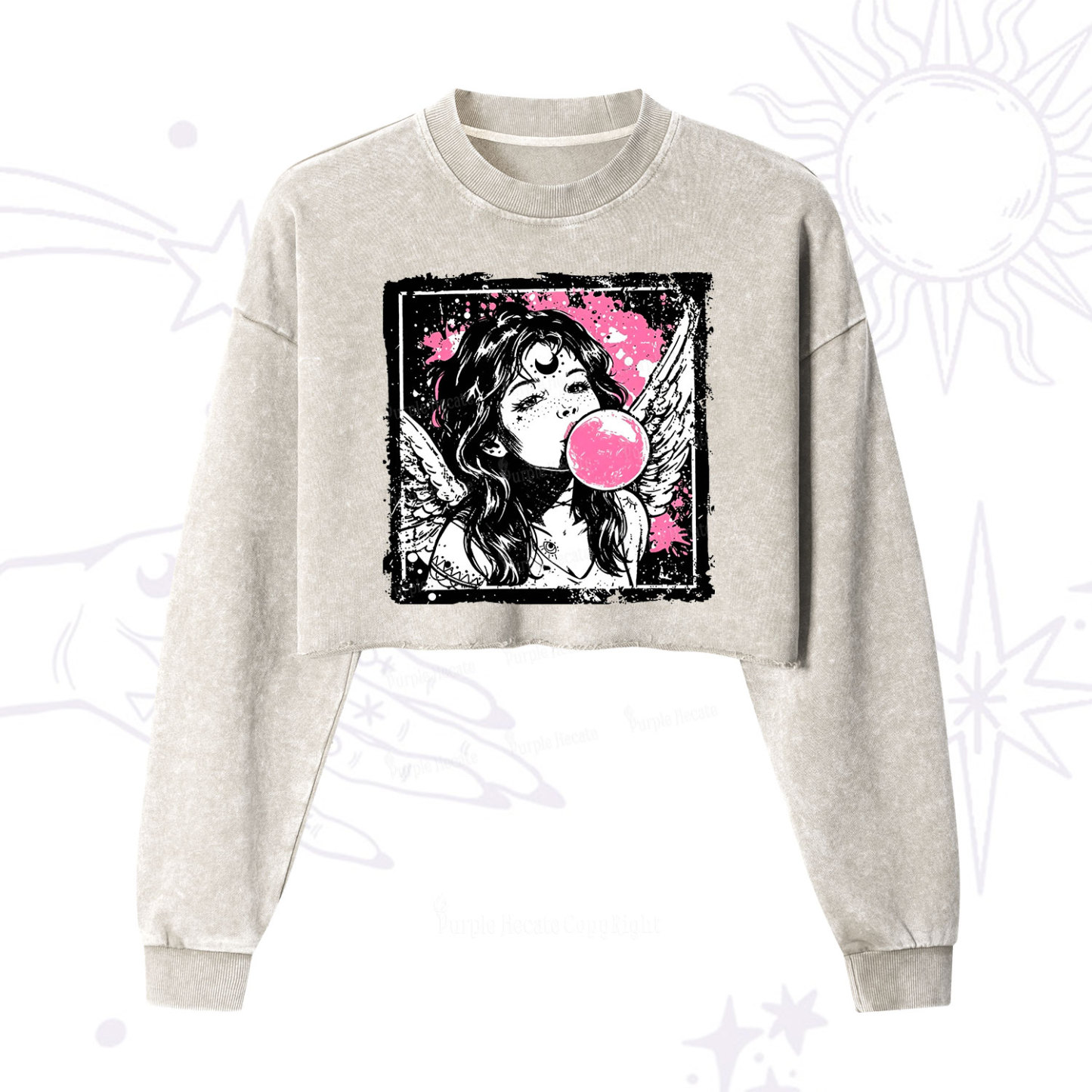 Purplehecate Grunge Angel with Bubblegum Cropped Washed Sweatshirt