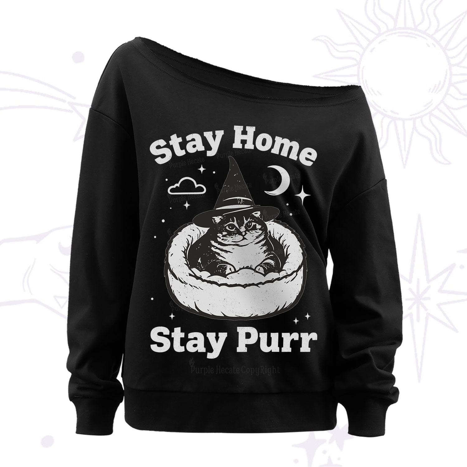 Purplehecate Stay Home Stay Purr Witch Cat Off The Shoulder Sweatshirt