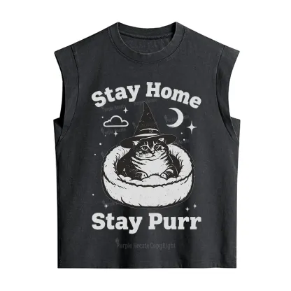 Purplehecate Stay Home Stay Purr Witch Cat Vintage Washed Tank