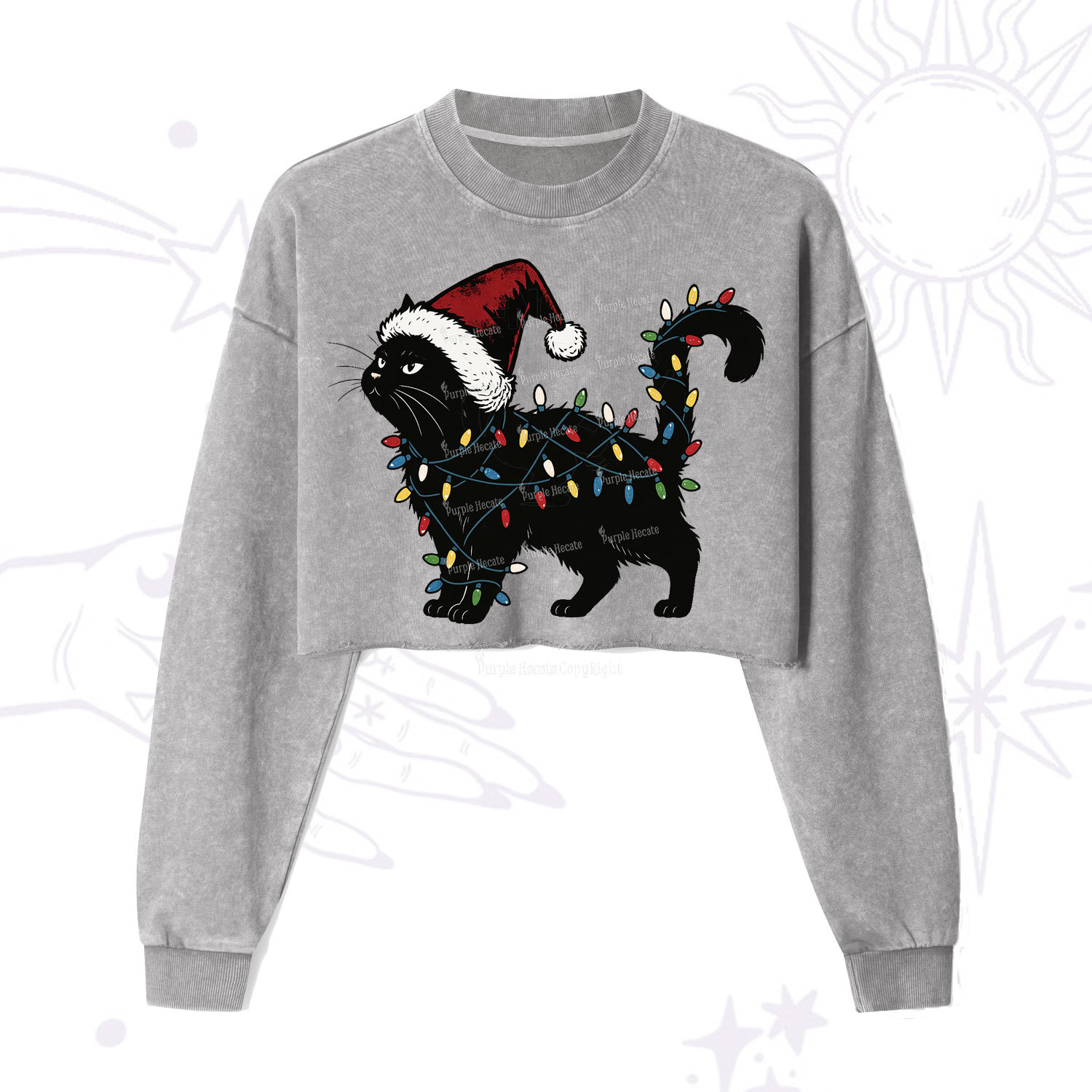 Purplehecate Cute Cat Christmas Cropped Washed Sweatshirt