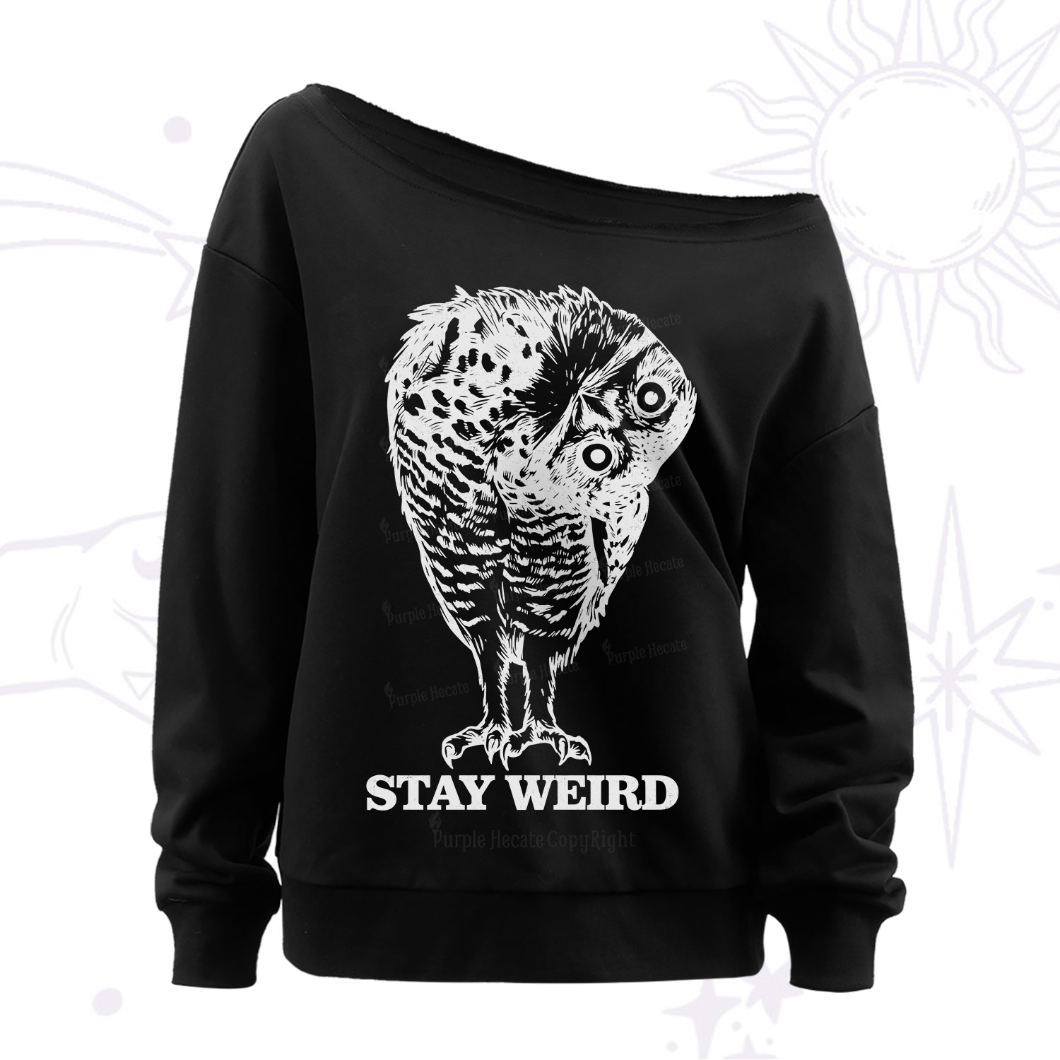 Purplehecate Stay Weird Innocent Owl Off The Shoulder Sweatshirt