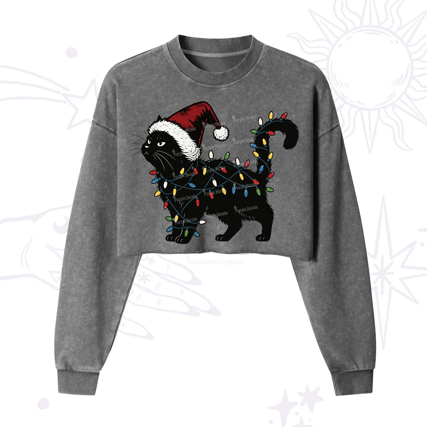 Purplehecate Cute Cat Christmas Cropped Washed Sweatshirt
