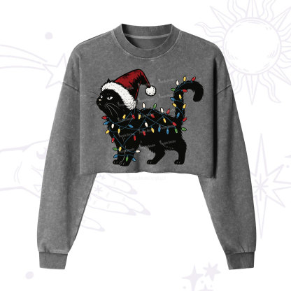 Purplehecate Cute Cat Christmas Cropped Washed Sweatshirt