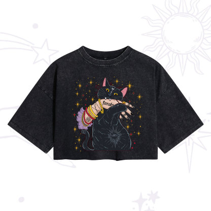Purplehecate Feral Cat Washed Cropped T-Shirt