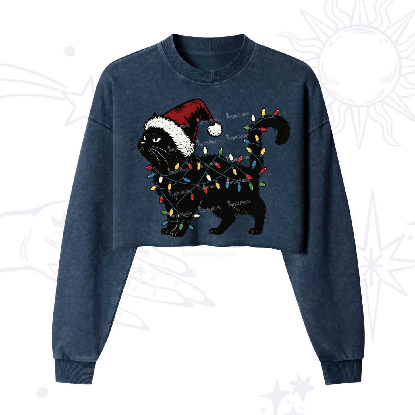 Purplehecate Cute Cat Christmas Cropped Washed Sweatshirt