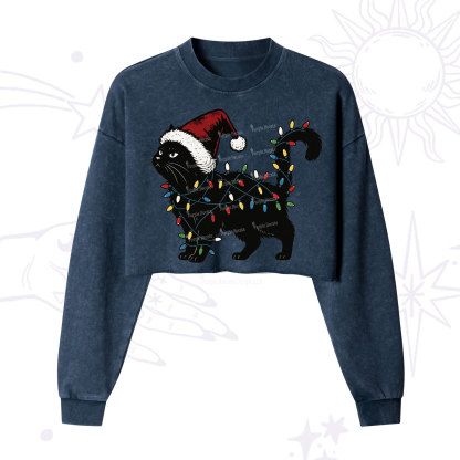 Purplehecate Cute Cat Christmas Cropped Washed Sweatshirt