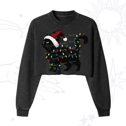 Purplehecate Cute Cat Christmas Cropped Washed Sweatshirt