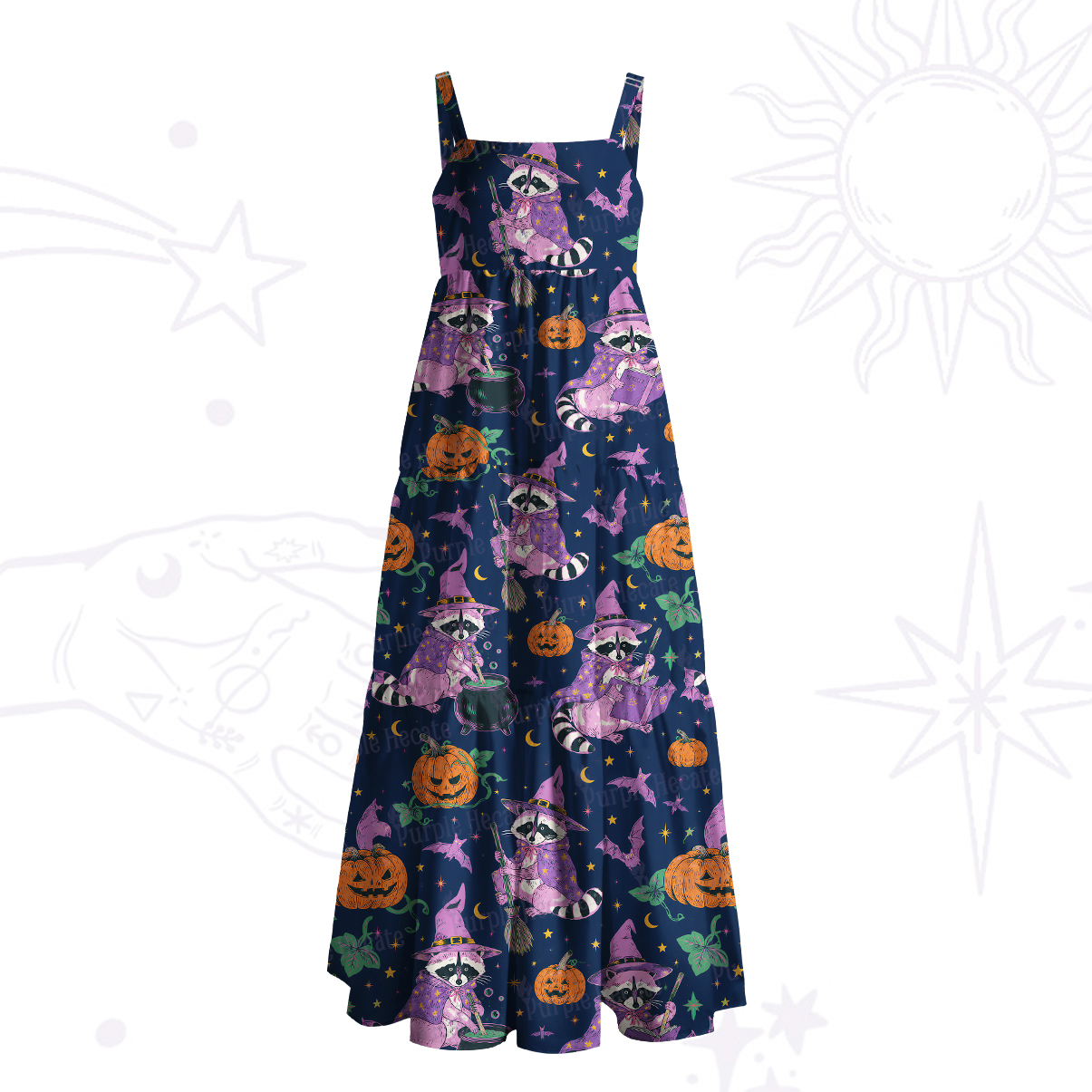 Purplehecate Halloween Raccoon Witch Moon Wide Straps Maxi Dress