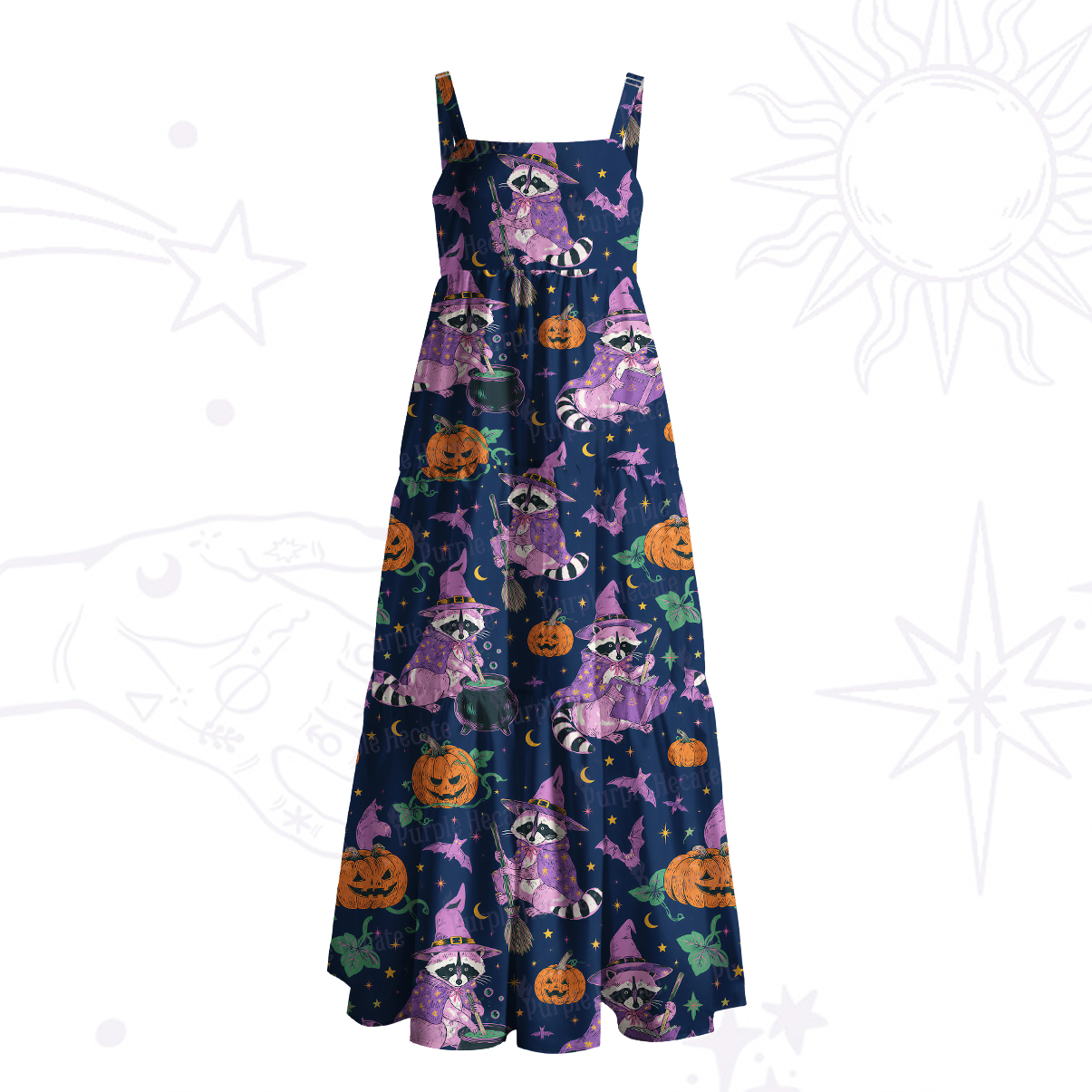 Purplehecate Halloween Raccoon Witch Moon Wide Straps Maxi Dress