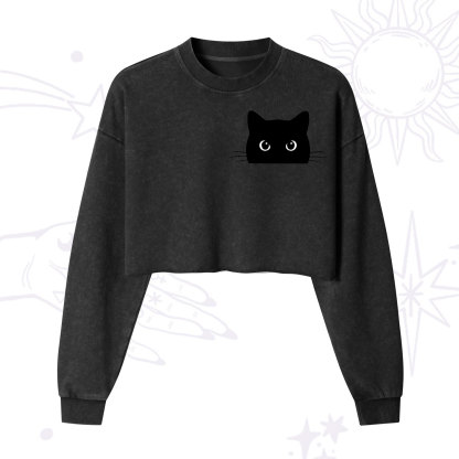 Purplehecate Black Cat Cropped Washed Sweatshirt