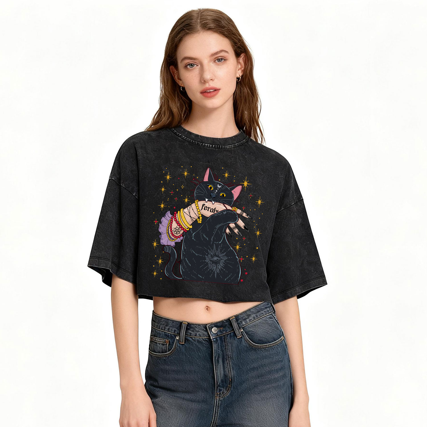 Purplehecate Feral Cat Washed Cropped T-Shirt