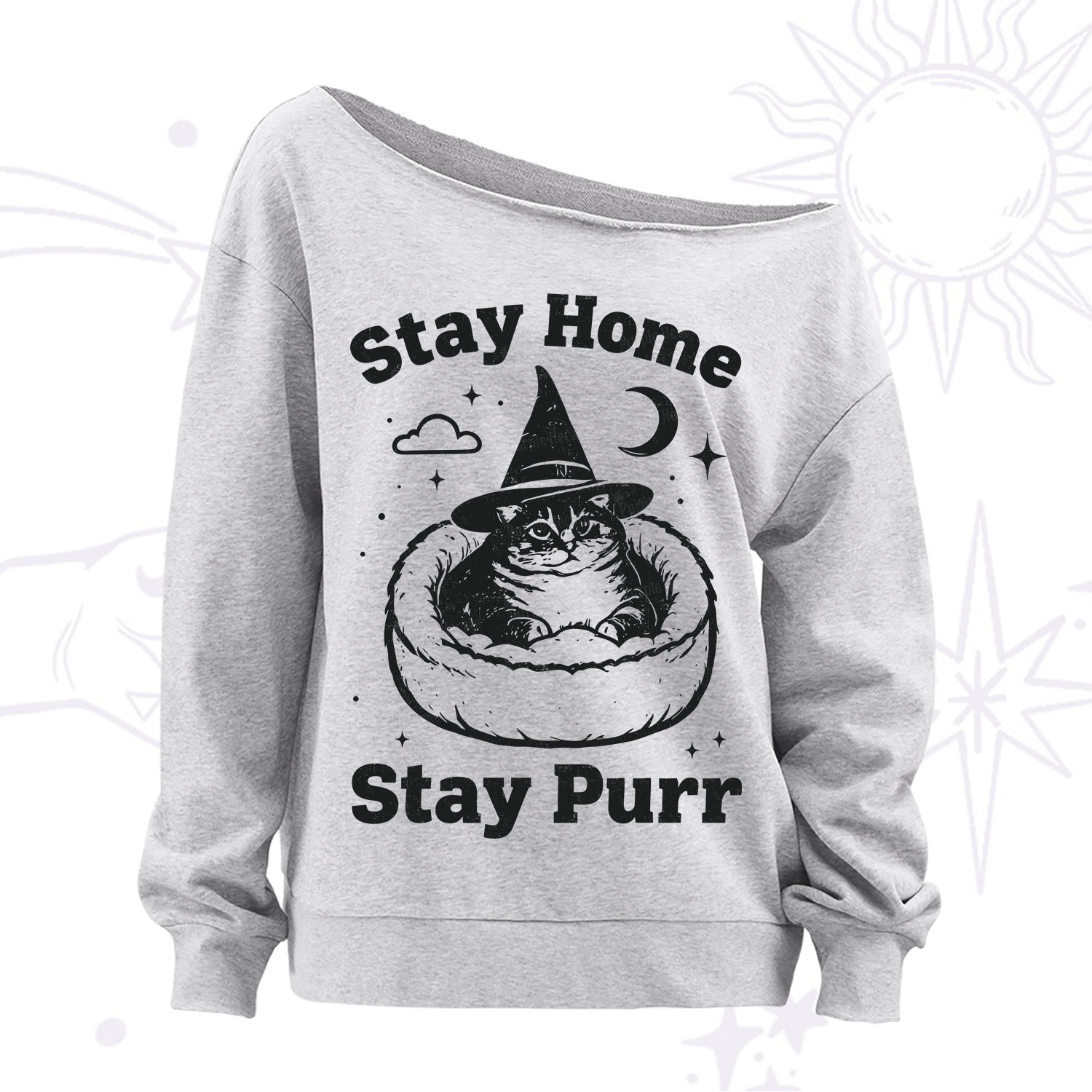 Purplehecate Stay Home Stay Purr Witch Cat Off The Shoulder Sweatshirt