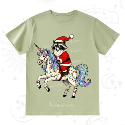 Purplehecate Santa Raccoon Riding Unicorn Tee Christmas T-Shirt