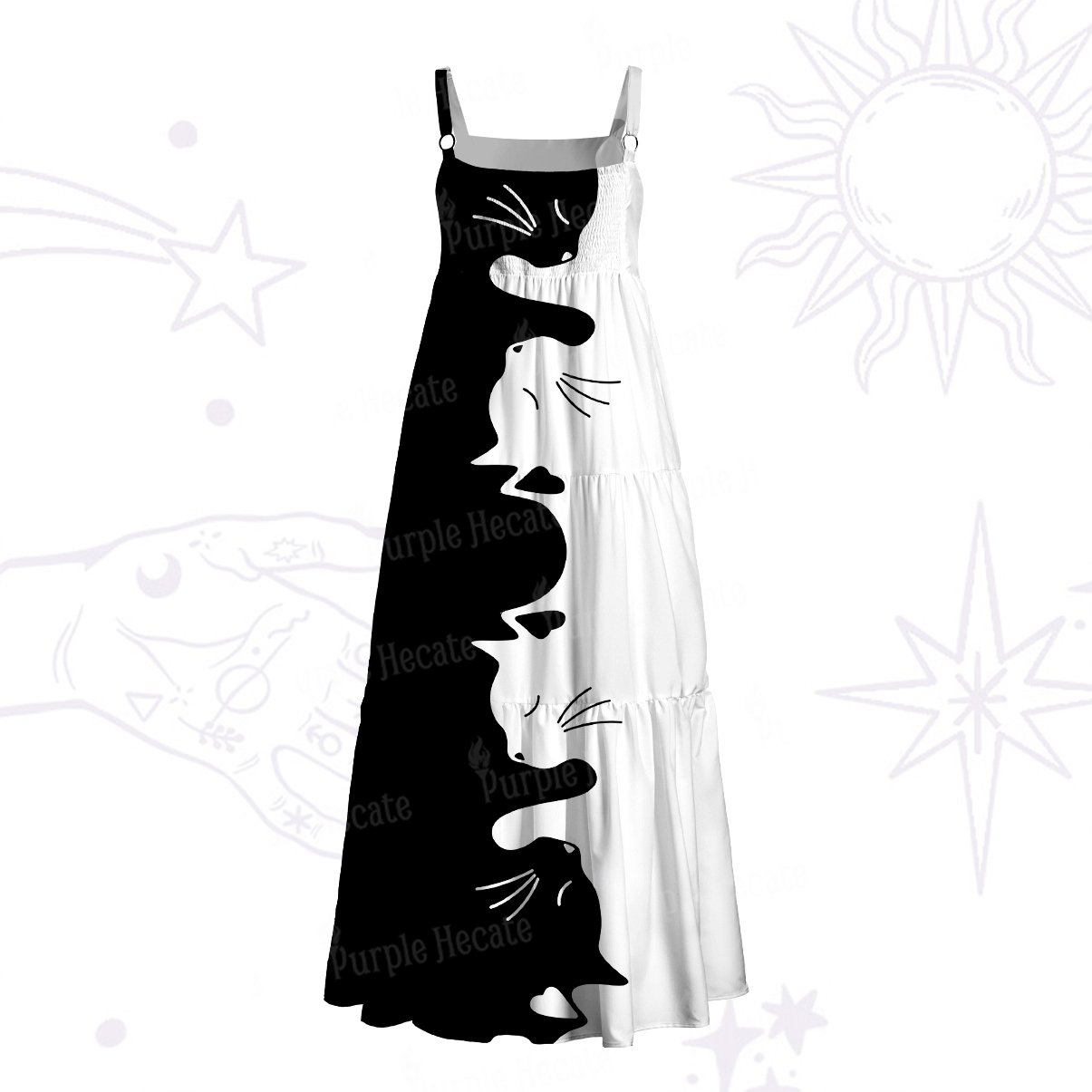 Purplehecate Yin Yang Cat Lover Wide Straps Maxi Dress