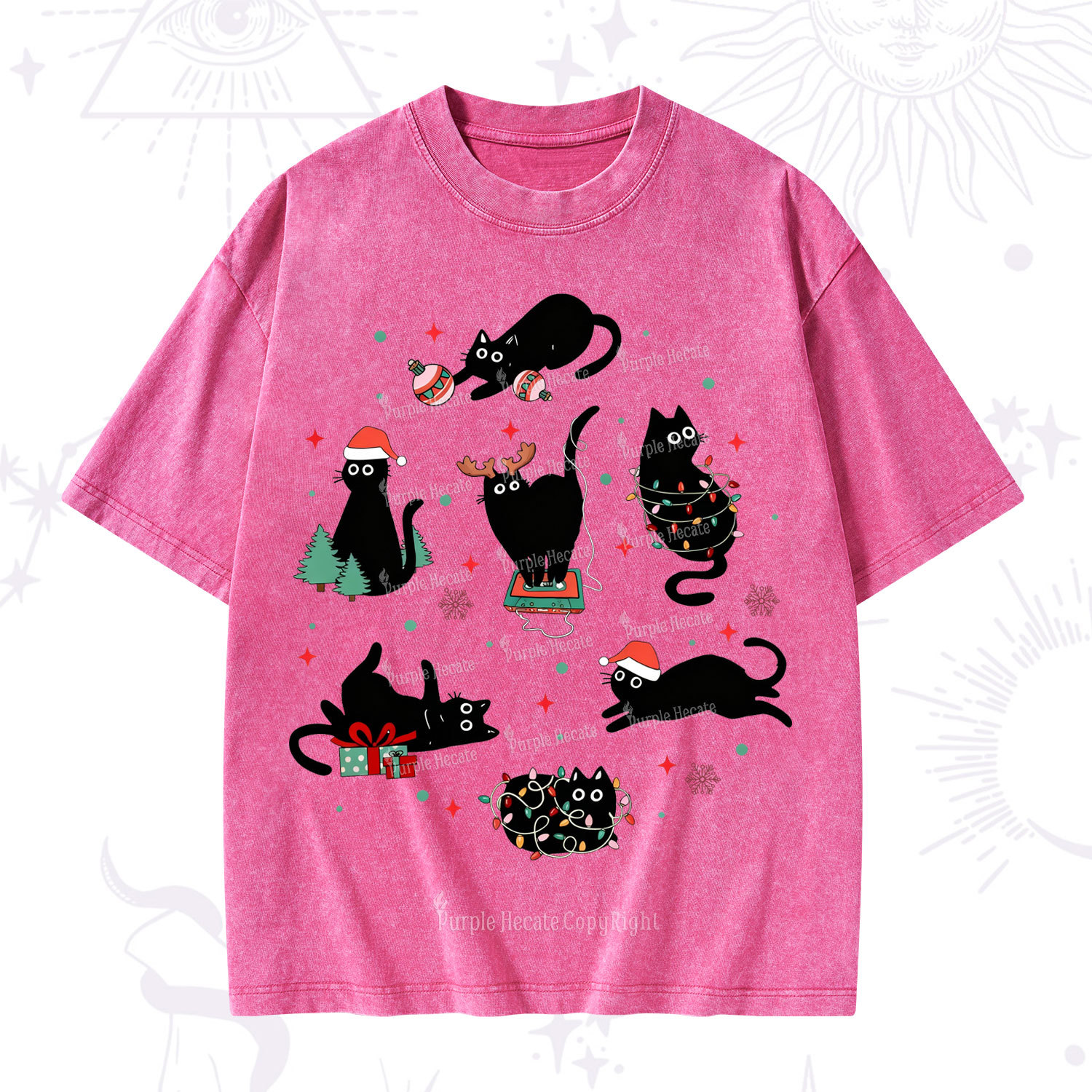 Purplehecate Christmas Cat Mom Holiday Washed T-Shirt