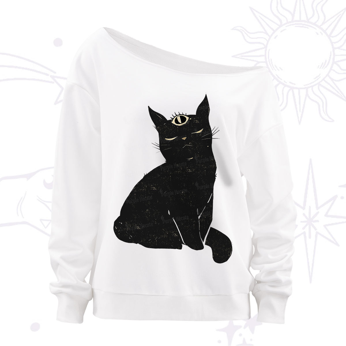 Purplehecate Third Eye Black Cat Off The Shoulder Sweatshirt