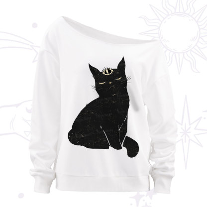 Purplehecate Third Eye Black Cat Off The Shoulder Sweatshirt