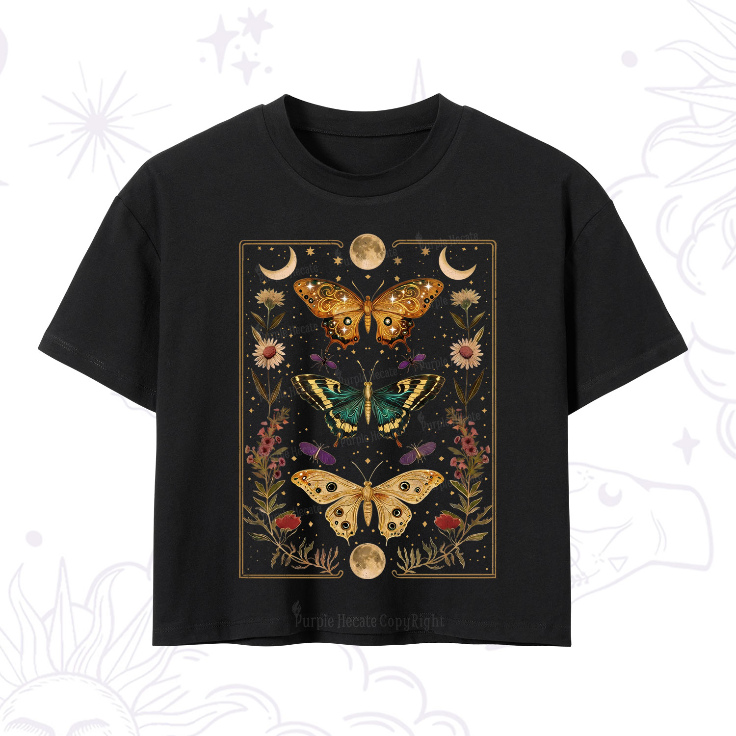 Purplehecate Sun and Moon Butterfly Crop T-Shirt