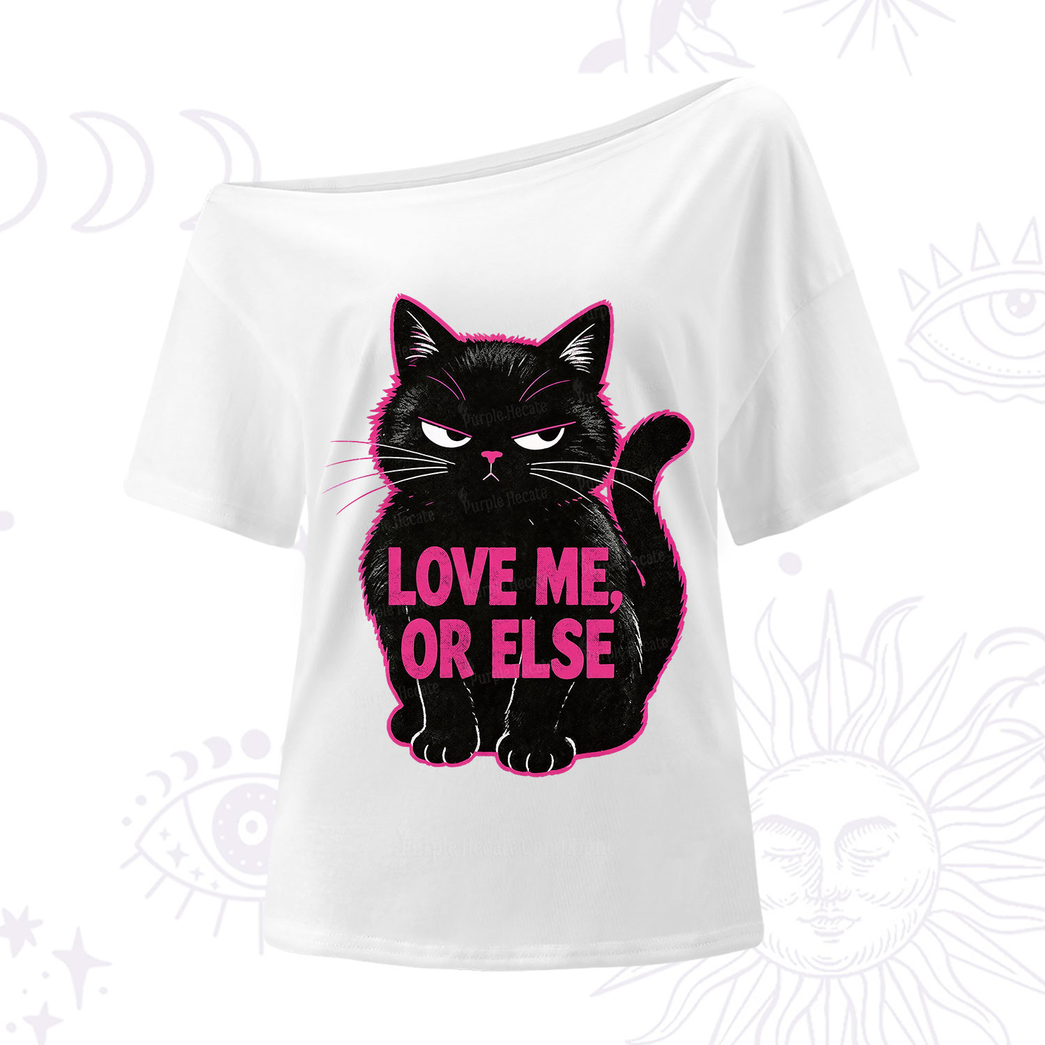 Purplehecate Grumpy Black Cat Love Me or Else One Shoulder T-Shirt