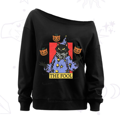 Purplehecate Spooky Fool Black Cat Off The Shoulder Sweatshirt