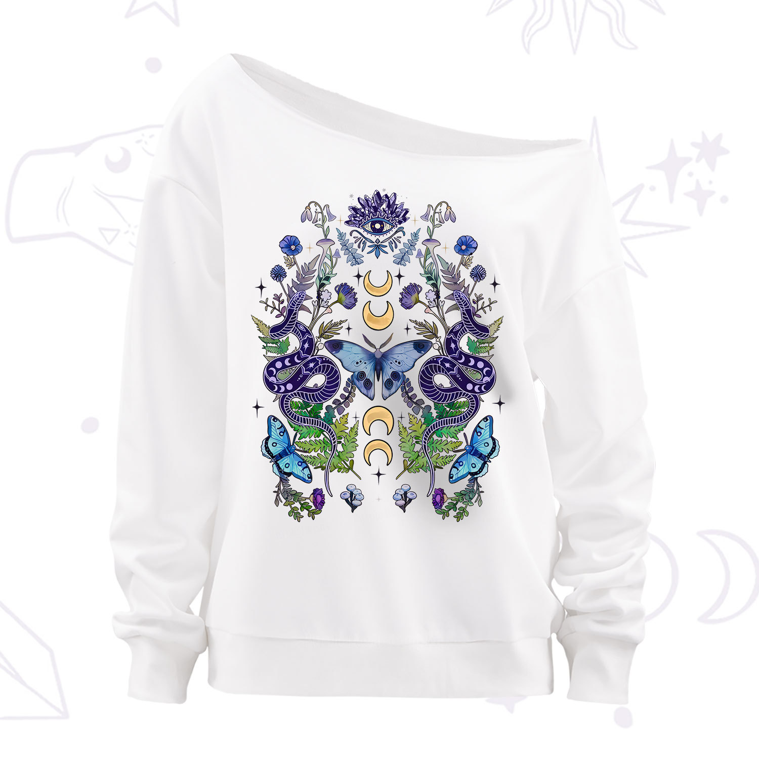 Purplehecate Moon Moth Witchery Off The Shoulder Sweatshirt
