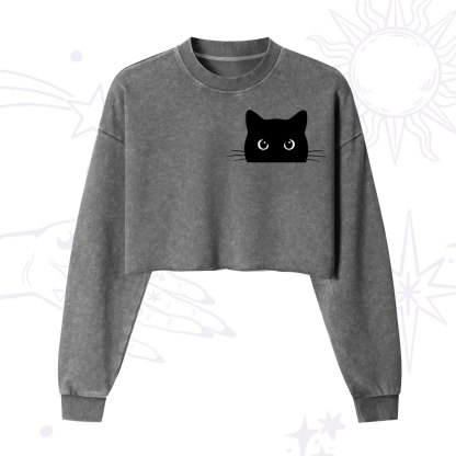 Purplehecate Black Cat Cropped Washed Sweatshirt