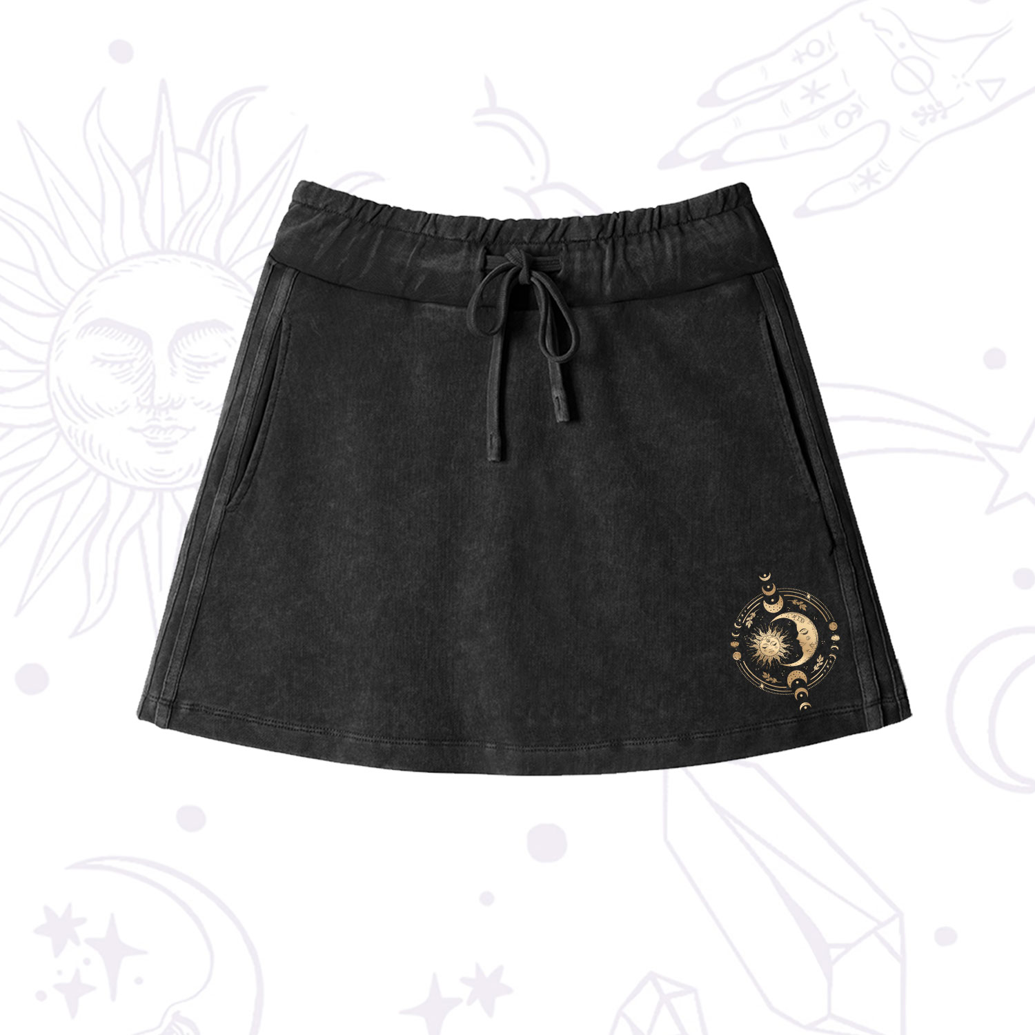 Purplehecate Celestial Sun and Moon Washed Drawstring Mini Skirt