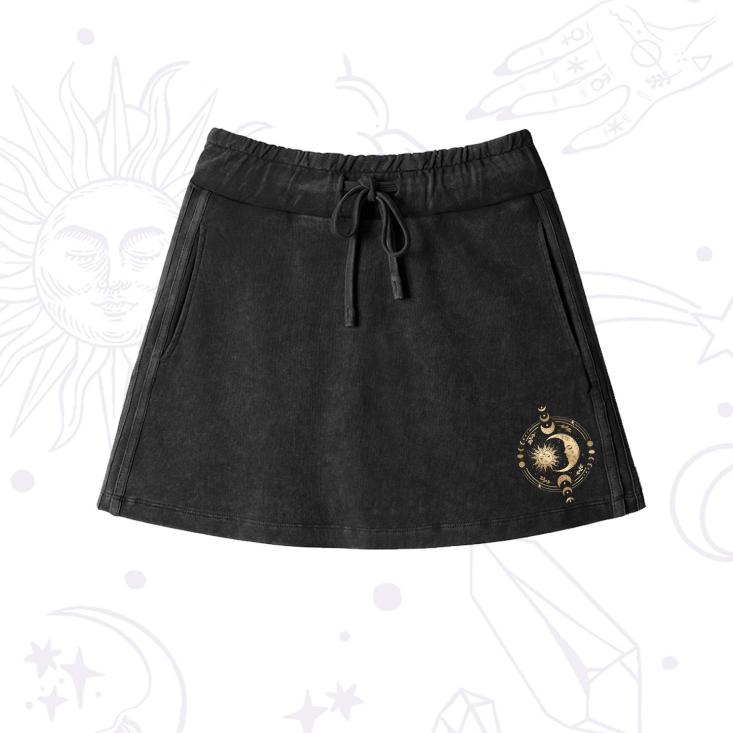 Purplehecate Celestial Sun and Moon Washed Drawstring Mini Skirt