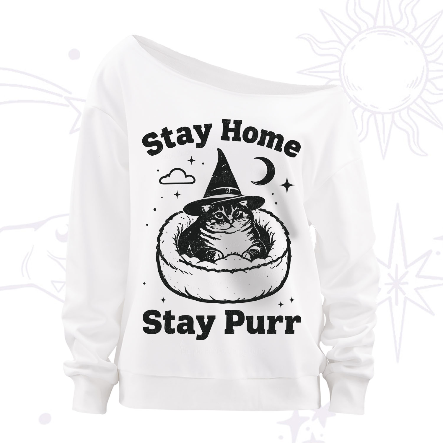 Purplehecate Stay Home Stay Purr Witch Cat Off The Shoulder Sweatshirt