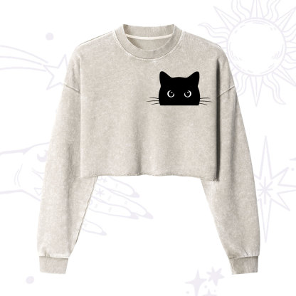 Purplehecate Black Cat Cropped Washed Sweatshirt