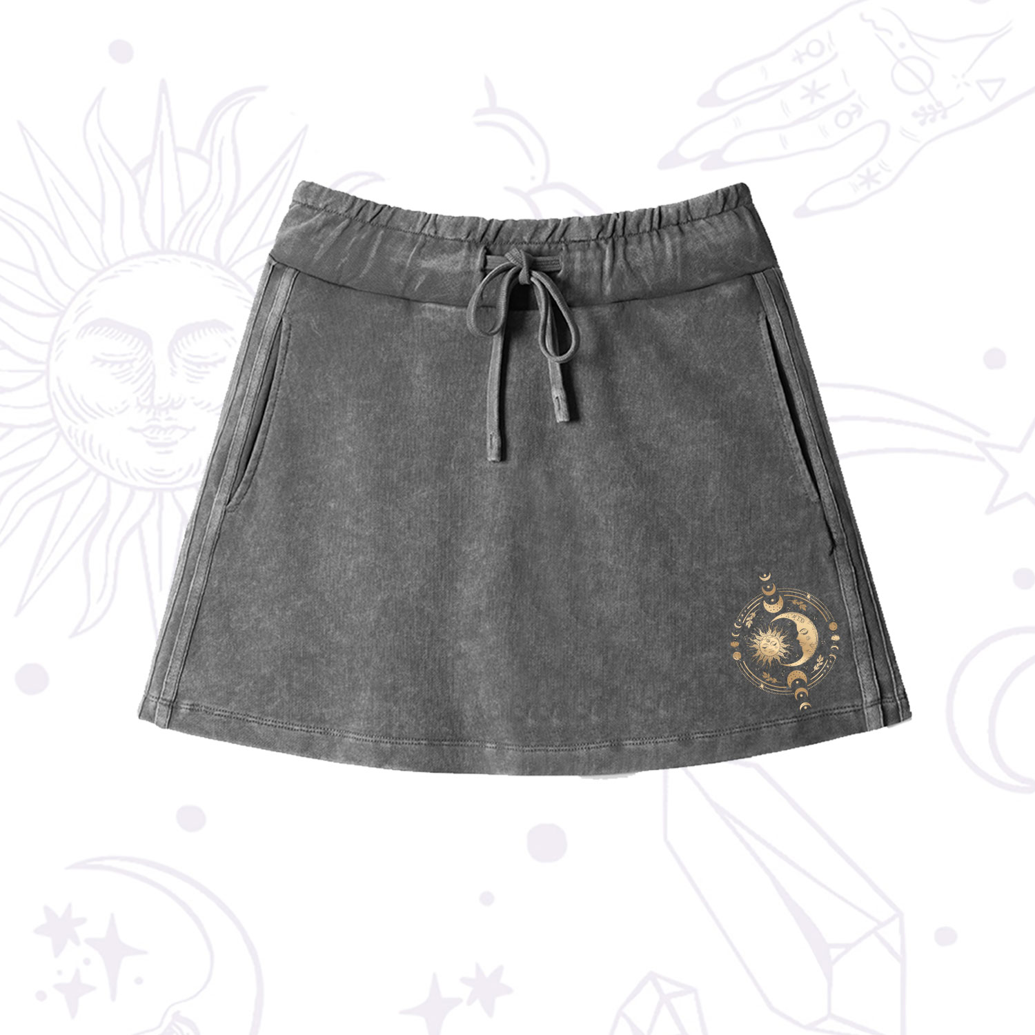 Purplehecate Celestial Sun and Moon Washed Drawstring Mini Skirt