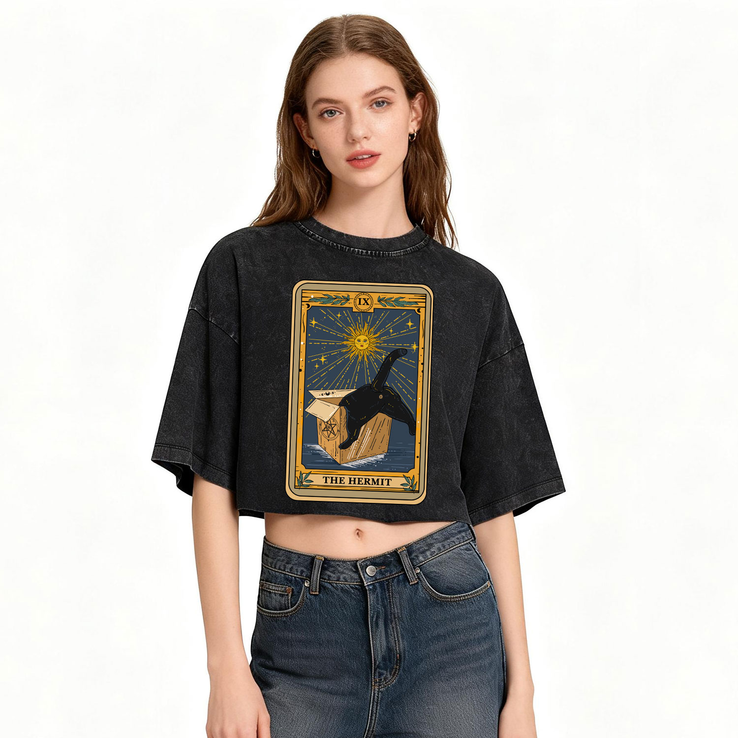 Purplehecate The Cardboard Hermit Cat Tarot Washed Cropped T-Shirt