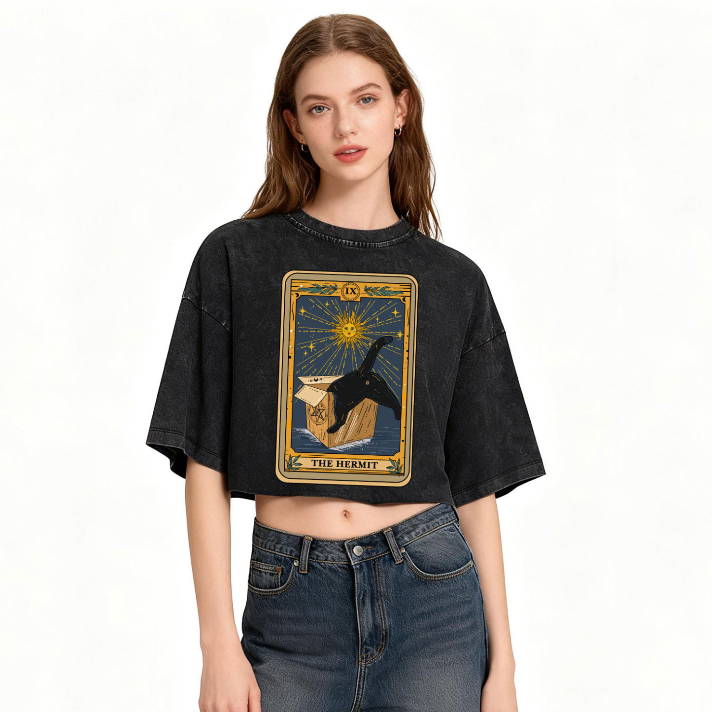 Purplehecate The Cardboard Hermit Cat Tarot Washed Cropped T-Shirt