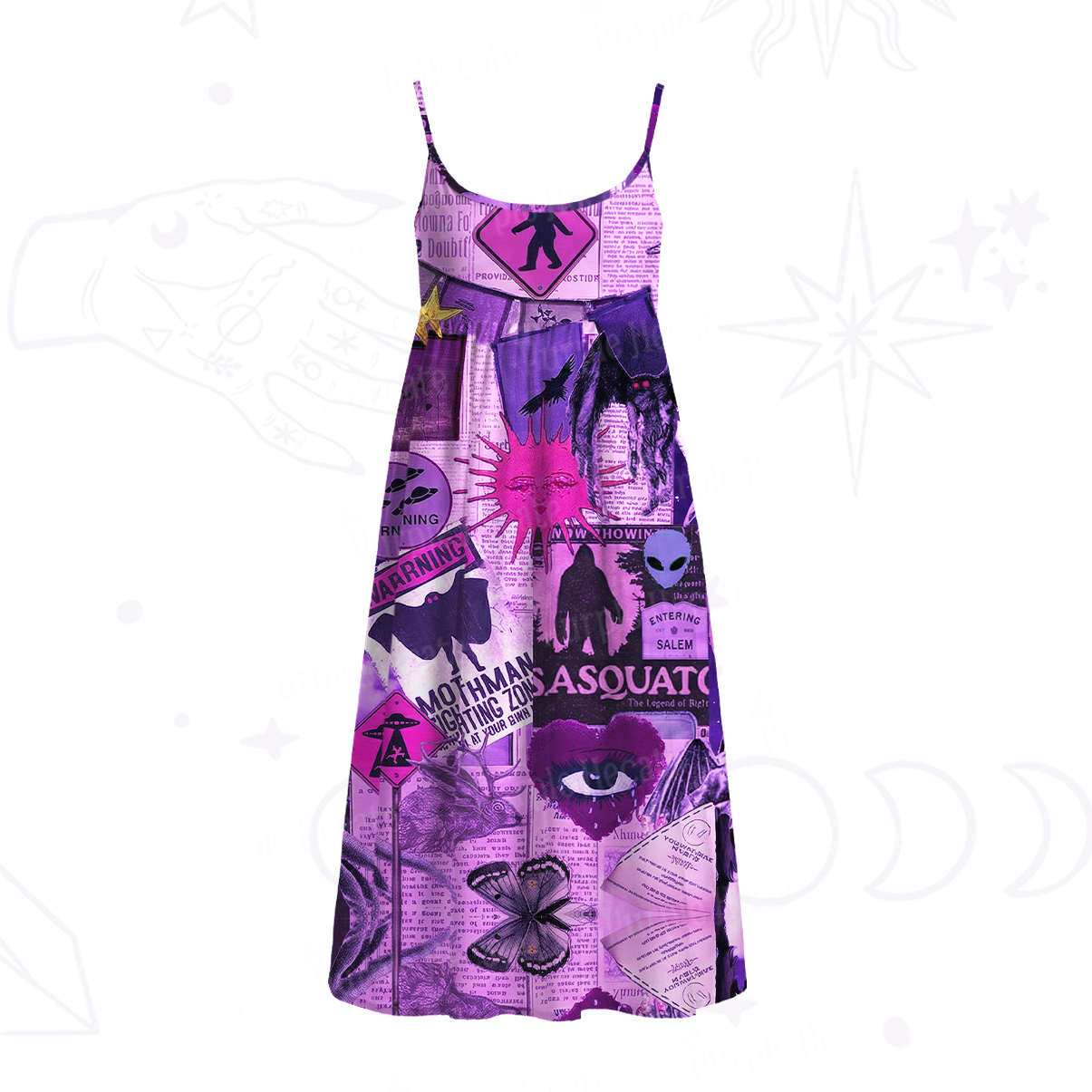 Purplehecate Cryptid Warning Collage Spaghetti Strap Midi Dress