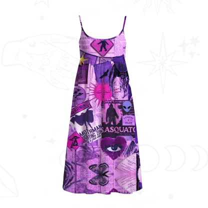 Purplehecate Cryptid Warning Collage Spaghetti Strap Midi Dress