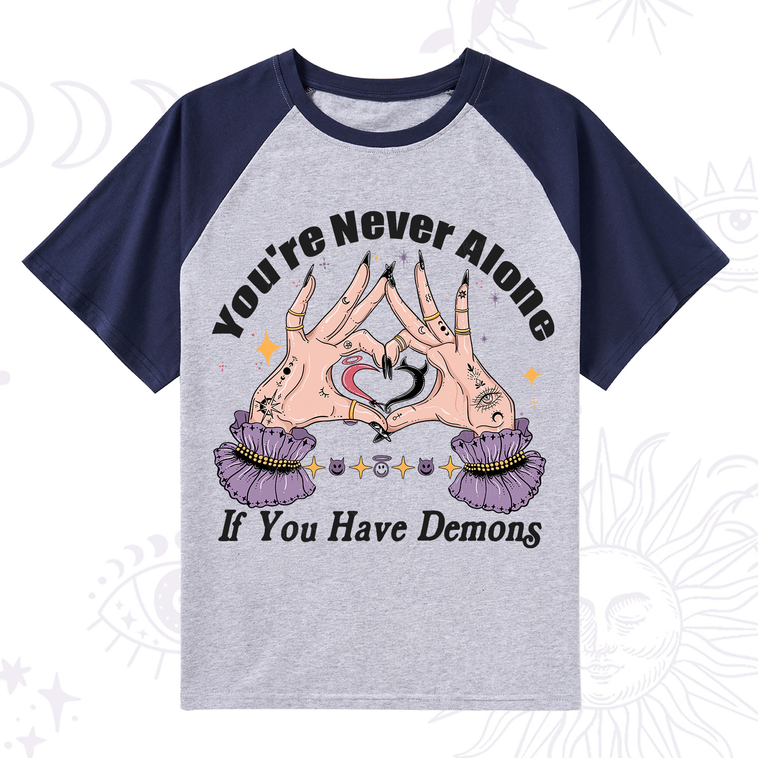Purplehecate You're Never Alone If You Have Demons Raglan Short Sleeve T‑Shirt