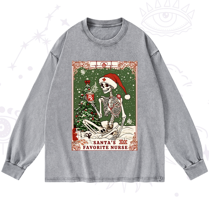 Purplehecate Christmas Santa's Favorite Nurse Tarot Washed Long Sleeve Shirt