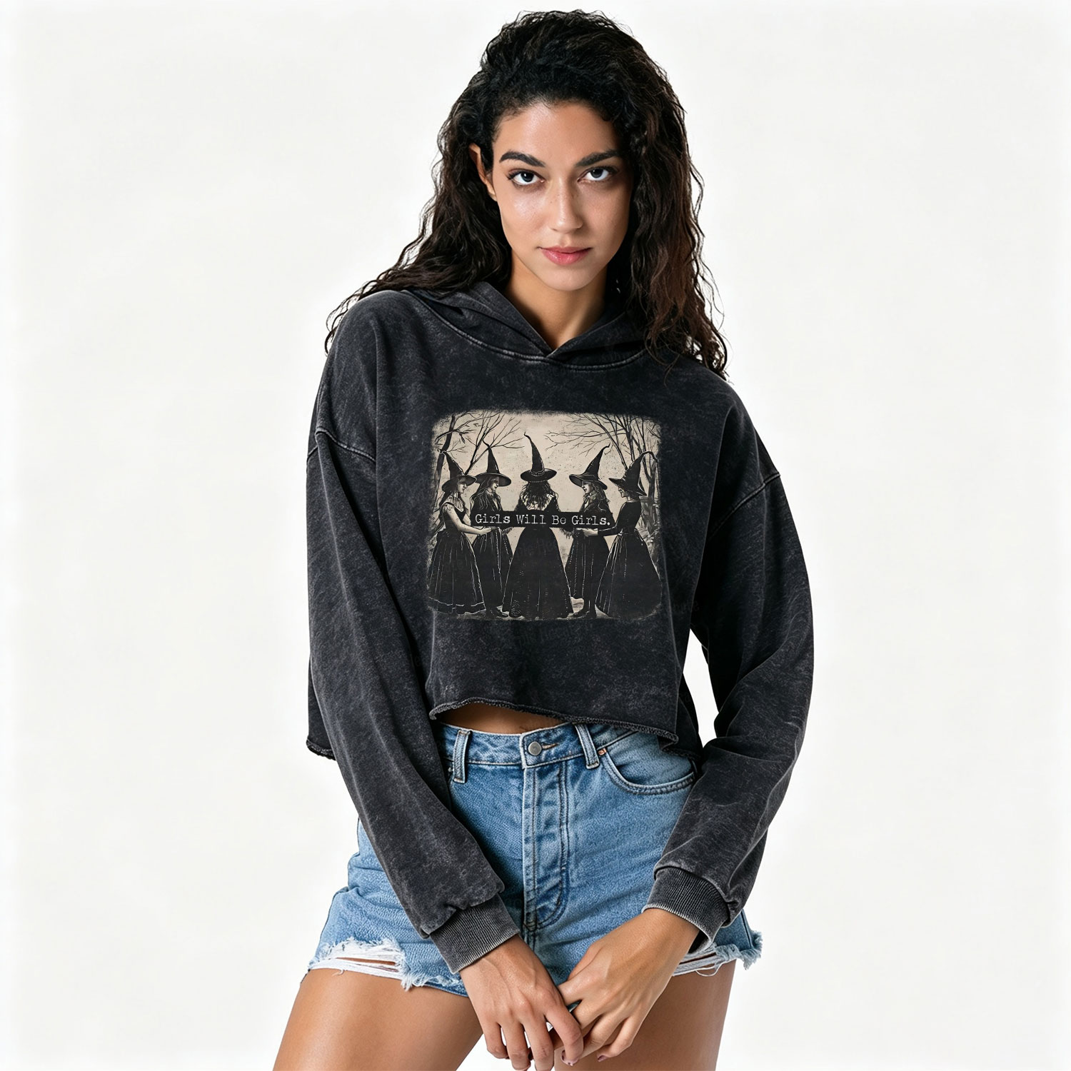 Purplehecate Girls Will Be Girls Witch Washed Cropped Hoodie