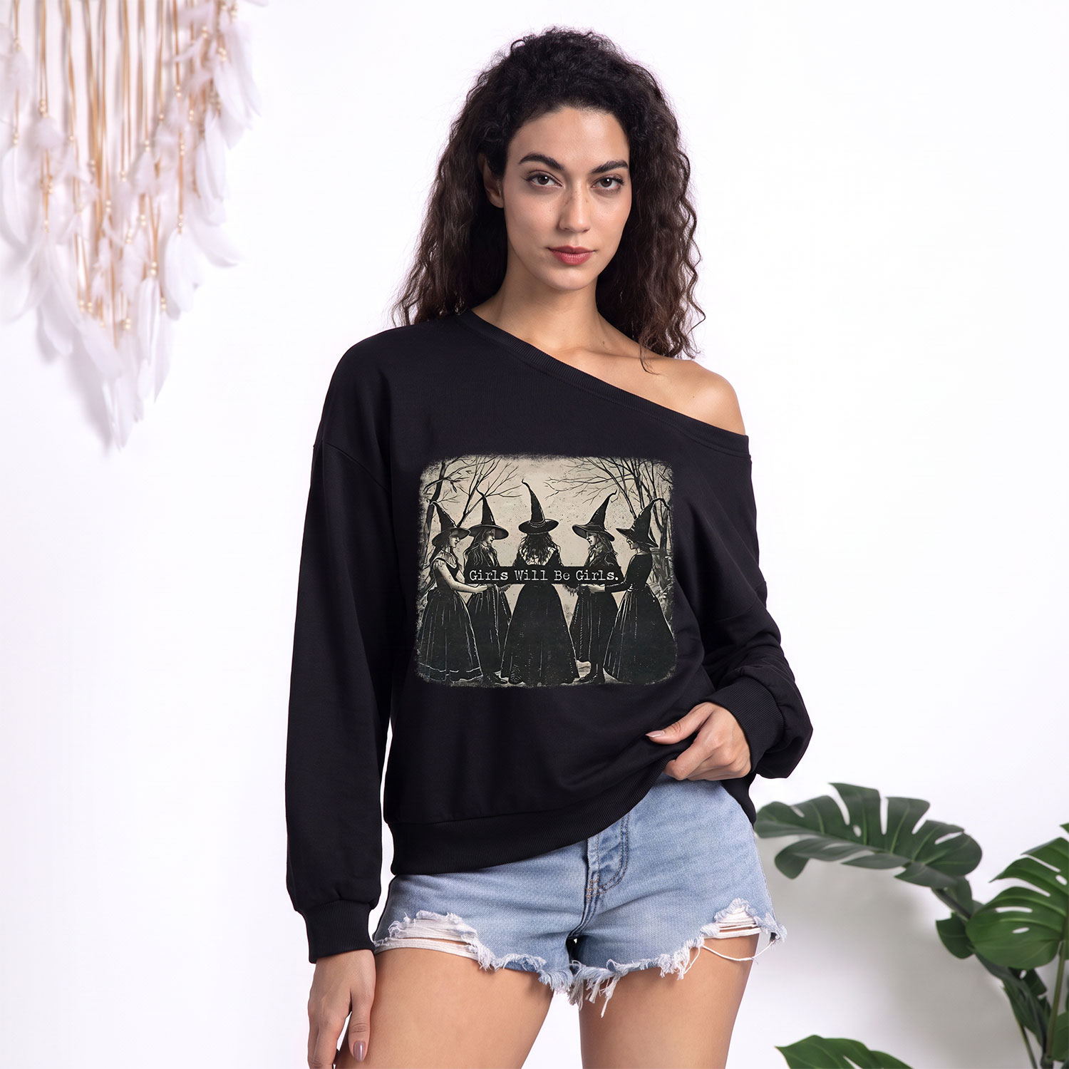 Purplehecate Girls Will Be Girls Witch One Shoulder Sweatshirt