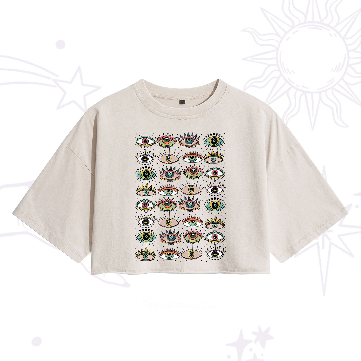 Purplehecate Evil Eye Pattern Washed Cropped T-Shirt