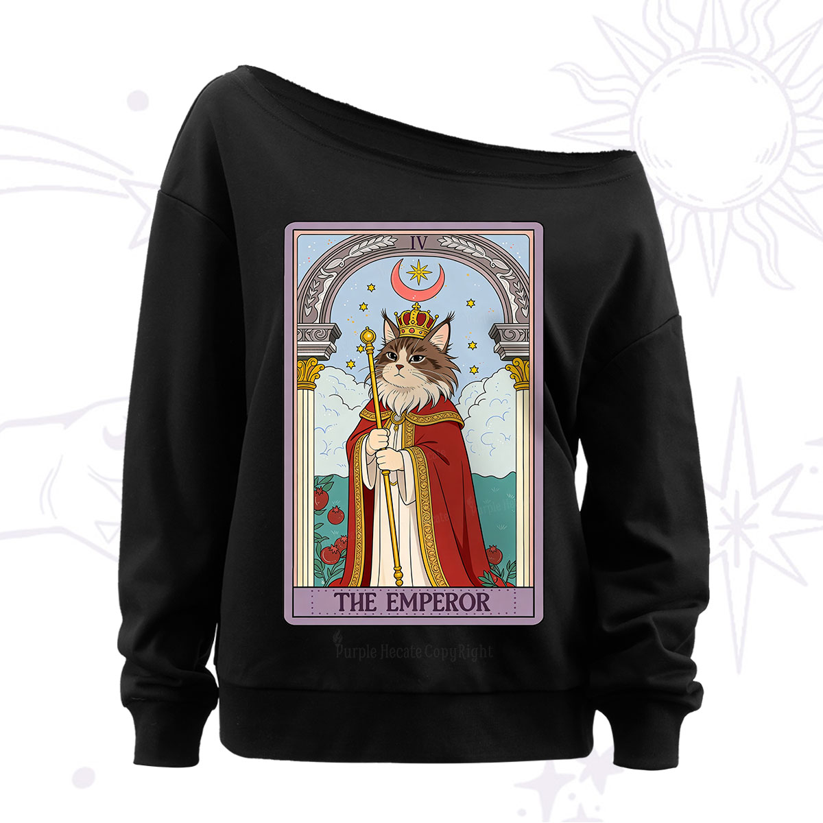 Purplehecate The Emperor Cat Tarot Off The Shoulder Sweatshirt