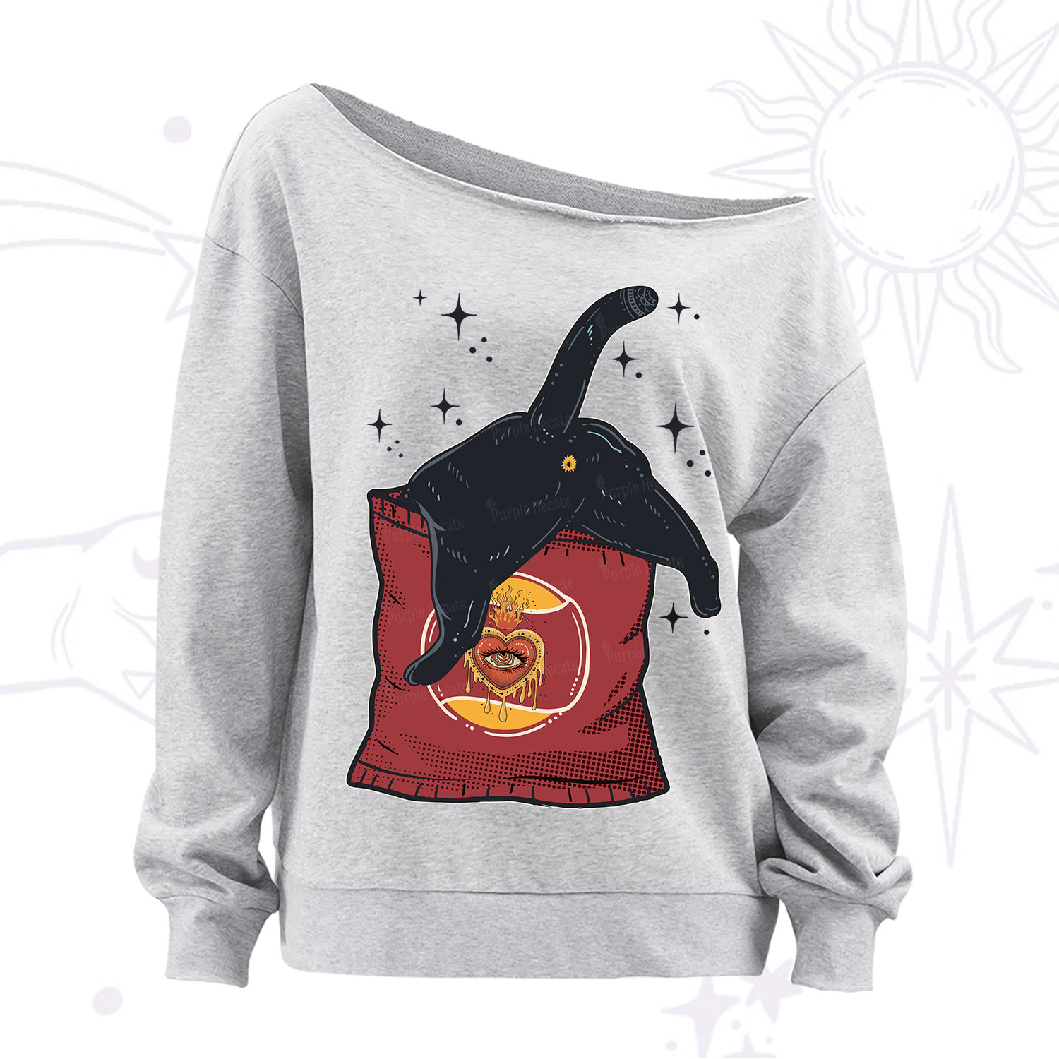 Purplehecate Curious Witch Cat Off The Shoulder Sweatshirt