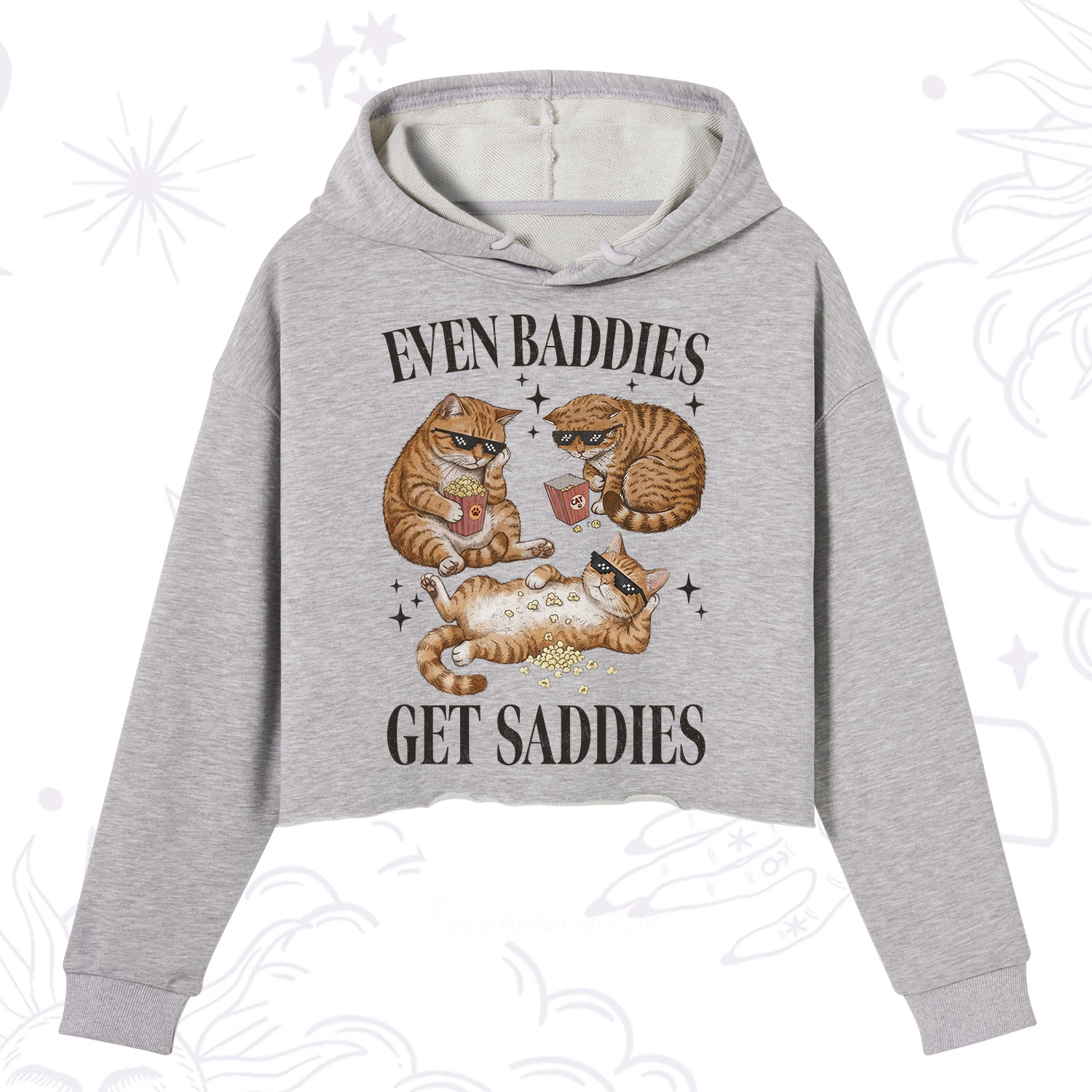 Purplehecate Even Baddies Get Saddies Funny Cat Crop Hoodie