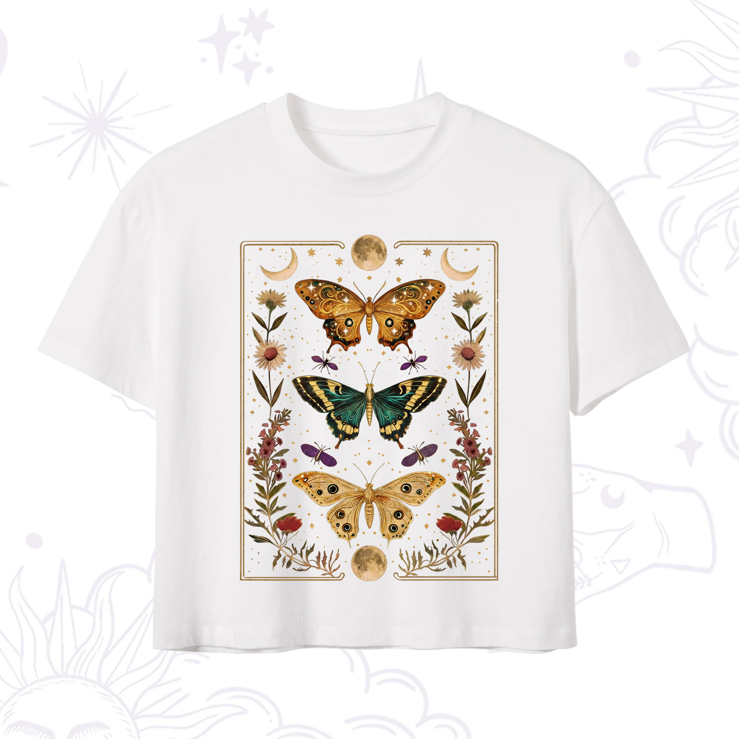 Purplehecate Sun and Moon Butterfly Crop T-Shirt